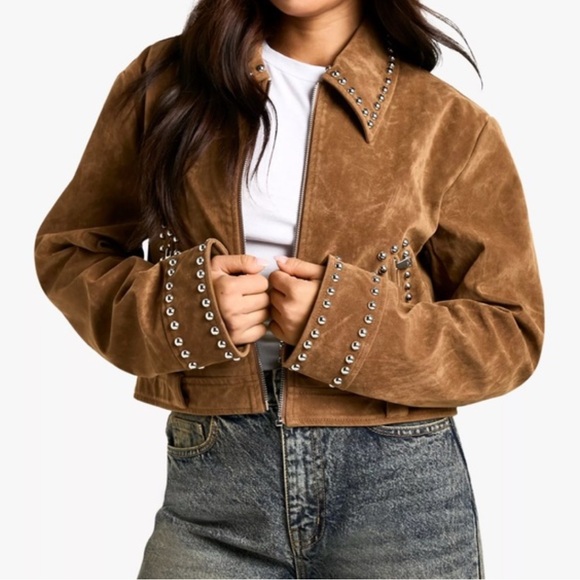 Boohoo Jackets & Blazers - Boohoo Studded faux suede Brown Jacket